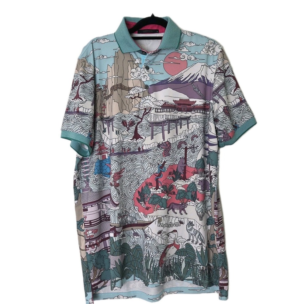 Greyson Forbidden City Golf Polo Mens MED Orient Japan Pagoda Dragons Rare!